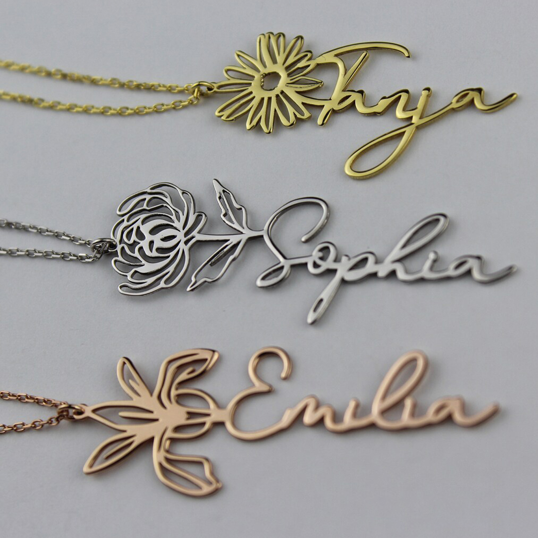 Birth flower name necklace